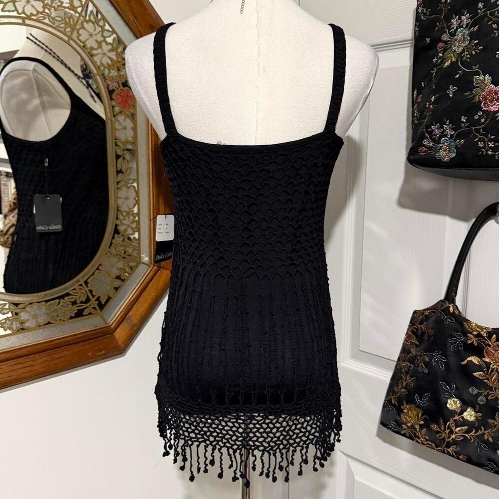 NWT Y2K Dolce Cabo Black Floral Crochet Dark Feminine Tassel Fringe Cami Top - Picture 4 of 8